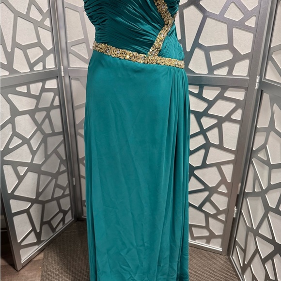 May Queen Teal One Shoulder Dress with Gold Detailing - Picture 3 of 12